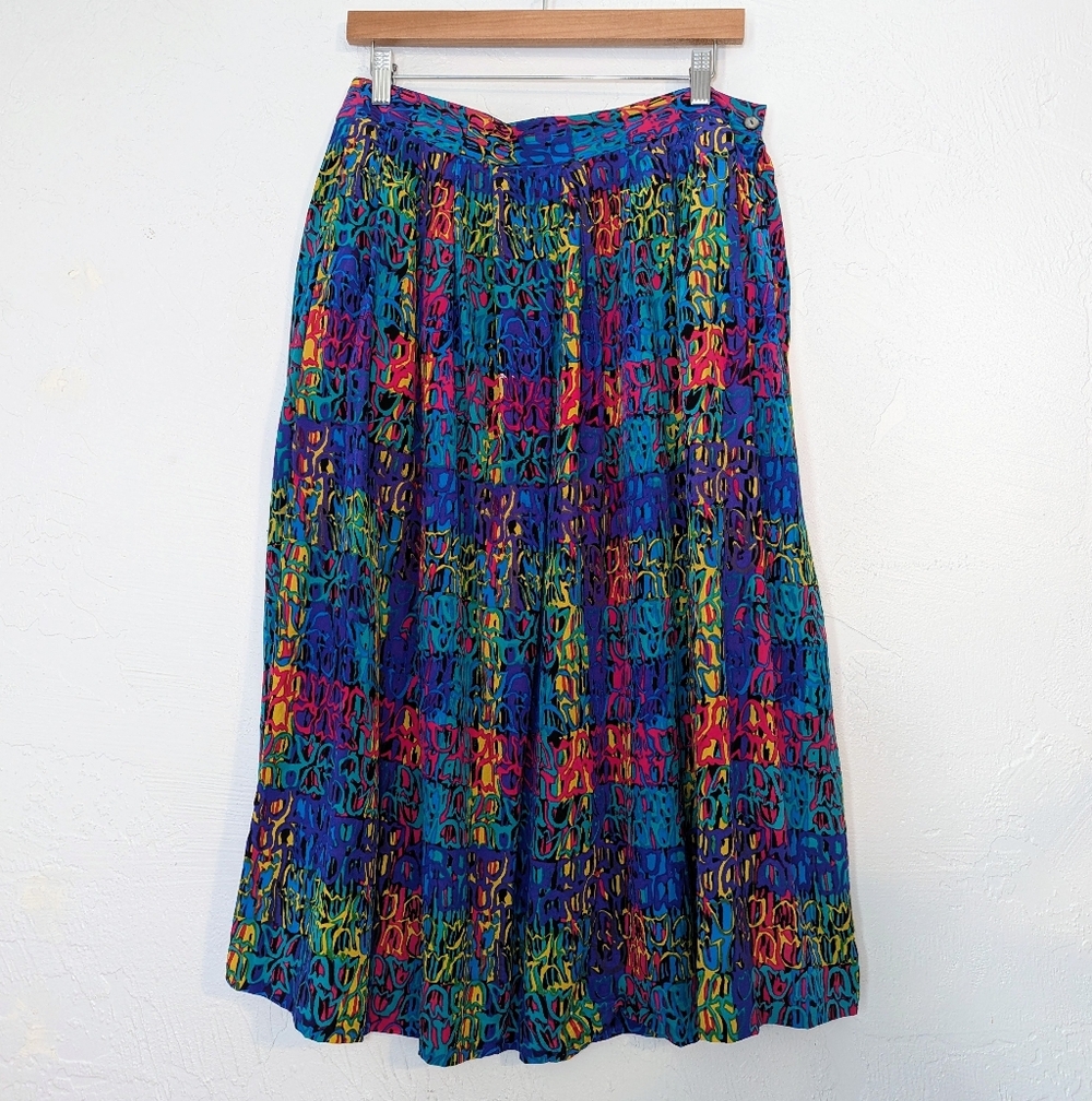 Vintage Silk Rainbow Funky Printed Maxi Skirt Retro Maximalist Statement Artsy